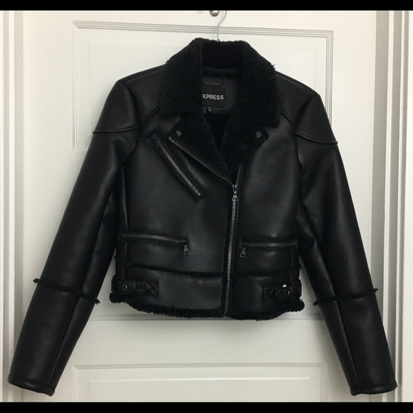 NWT Express Black Faux-Shearling Moto Jacket - Picture 5 of 8